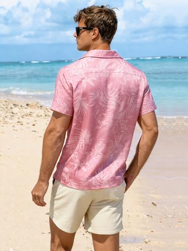 JEMLDL Men's Hawaiian 2 Piece Sets Short Sleeve Shirts Matching Linen Shorts Outfits Summer Beach Casual Clothes Pink Leaf Print XXL — view 3