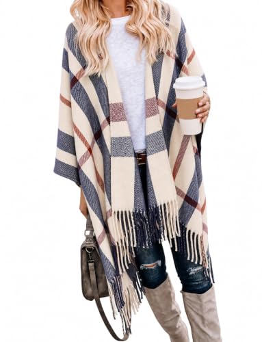 Image of Bestshe Women's Boho Open Front Poncho Plaid Shawl Wrap Cape