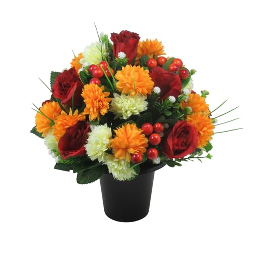 Artificial/Silk Flower Arrangement in Grave pot, 25cm in warm autumn shades with red roses and berries