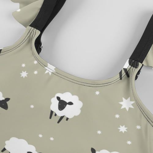 Image of Girls One Piece Swimsuit Cute Alpacas Hearts Stars Ruffles Swimwear Bathing Suits 3-12 Years