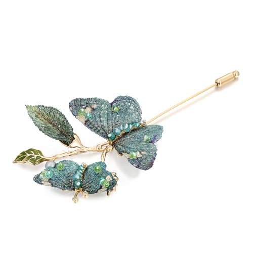 Image of Handmade Embroidery Flower Brooch Pins for Women, SHE'S FREE STYLE JUST FOR YOU Luxury Gradient Stitching Floral Brooch Pins with Crystal stamen, Enamel Metal Butterfly with Green Leaves, Hand Dripping Oil Jewelry pins