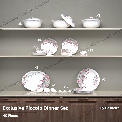 Image of Castleite Piccolo 40 Pieces Melamine Dinner Set - Elegant, Break & Stain Resistant, Designer Crockery Dinnerware in Exclusive Edgy Square Shape for Your own Home Kitchen or Gifting (Rouge Blush)