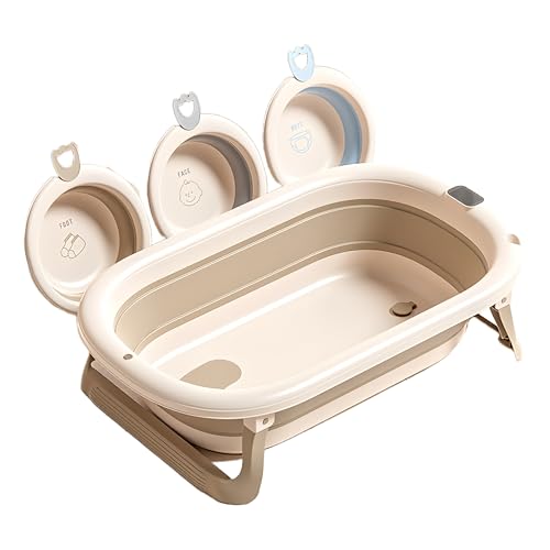 Hxuolueベビーバス 子供の入浴 安全 大容量 軽量化 収納が簡単 折りたたみ可能 温度表示 長年齢対応 保温 浮き機能 快適な背もたれ スペース節約 掛けやすい 家庭必需品 冷暖両用 変形しにくい 多用途 室内 成長をサポート (2,ライトブラウンA