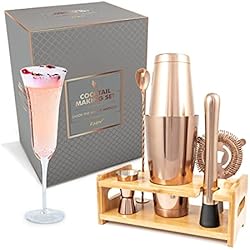 Maletin Barman Profesional FABV Juego para Hacer cócteles – Juego de cóctel Listo para Regalo con Libro de Recetas – Juego de cóctel de Cobre Rosa de Lujo con Soporte y coctelera Boston – Kit Completo de Barman para el hogar y