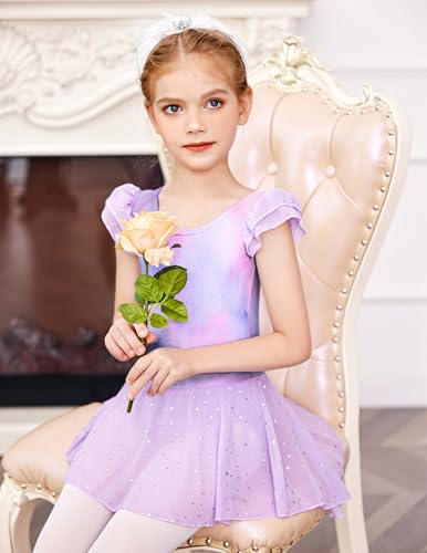 Image of Arshiner Girls Shiny Ruffle Sleeve Ballet Leotard with Skirt Criss-Cross Back Dance Dresses