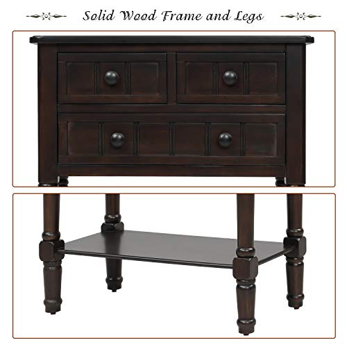 Knocbel Slim Antique Entry Console Table with Drawers & Bottom Open Shelf, Solid Wood Sofa Couch Table for Entryway Hallway Living Room (Espresso)
