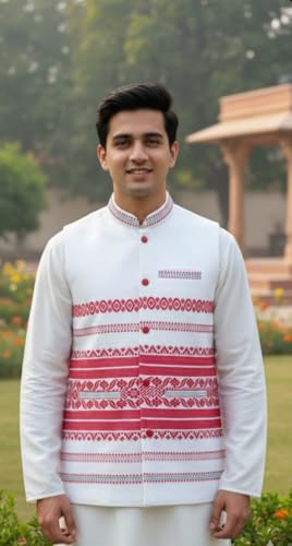 Generic White Ethnic Nehru Jacket with Red Embroidery - Image 3