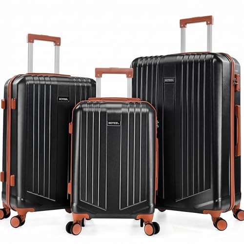 Image of Hoteel Luggage Sets 3 Piece with Spinner Wheels TSA Lock (4-YEAR WARRANTY), Durable Lightweight Carry On Suitcase Luggages Travel PC+ABS Hardshell for Travel, School, Black(20 /24 /28in)