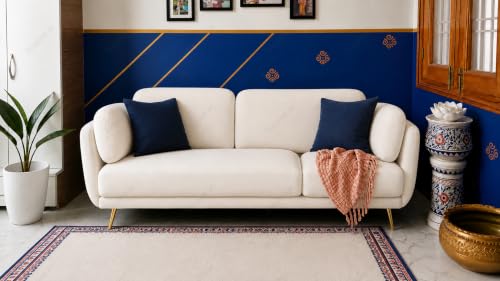 Image of 3 Seater Single Color Sofa, Velvet Fabric (Off-White) | Solid wood structure, premium velvet upholstery, sturdy golden legs, ideal for living room seating.