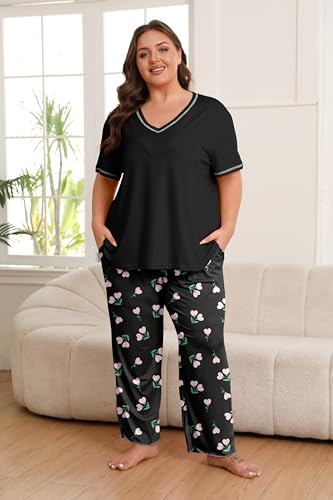 Image of Vozanet Women's Plus Size Pajama Sets Short Sleeve Long Pants Solid Color with Piping Trim Elegant Loungewear Cozy Sleepwear