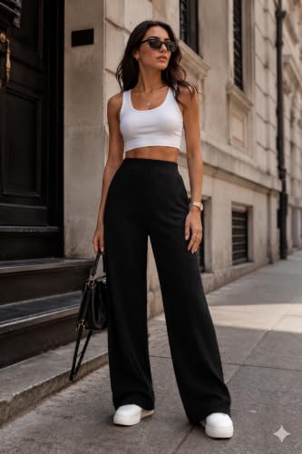 Image of Prenuem Women's High Waist Flared Korean Trousers, Trendy Casual Wear for Daily & Travel Use (Available in Plus Size)
