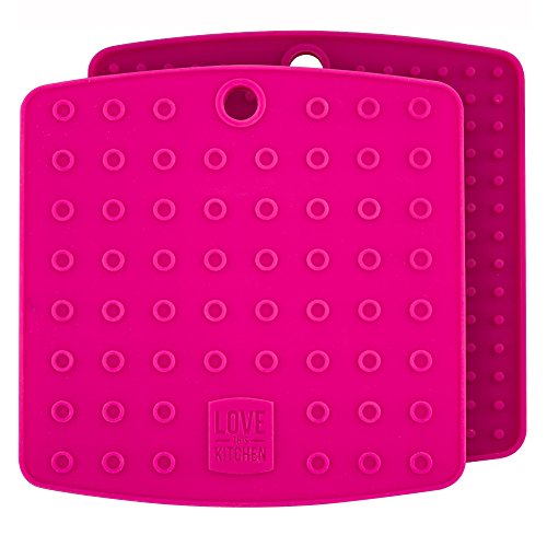 Posa Ollas Premium de Silicona, Reposa Cubiertos, Abre Frascos y Posa Vasos - Herramienta 5 en 1 de Cocina Resistente al Calor hasta 227°C, Gruesa y Flexible (17,8 x 17,8 cm, Fucsia, Set de 2)