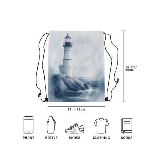 Image of jejeloiu Lighthouse Drawstring Backpack 13x15.7inch Nautical Seascape Waterproof Gym Drawstring Bags Ocean Sports String Backpack Beach Swim Travel Bag Sackpack