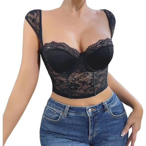 Bustier en dentelle pour femme - Haut à bretelles noir sans rembourrage