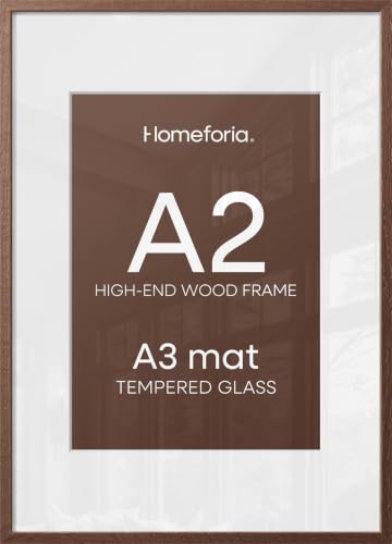 Image of Homeforia A2 Brown Oak Picture Frame, High-End Wood, A3 Mat, Glass | High End Solid Oak Wood, Tempered Glass, Acid-Free A3 Removable Mat, A2 Edge-to-Edge Display, Wall Kit, Set Of 1