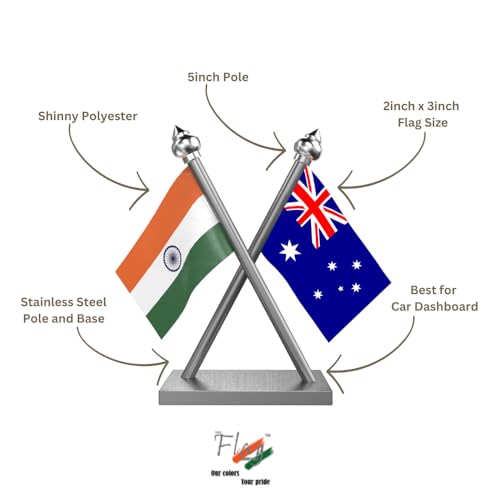 Image of The Flag Company India & Australia Car Dashboard Flag 2x3 Inch Premium Flags with Stainless Steel Pole & Base | Compact Dual Display for Car Interiors & Desks