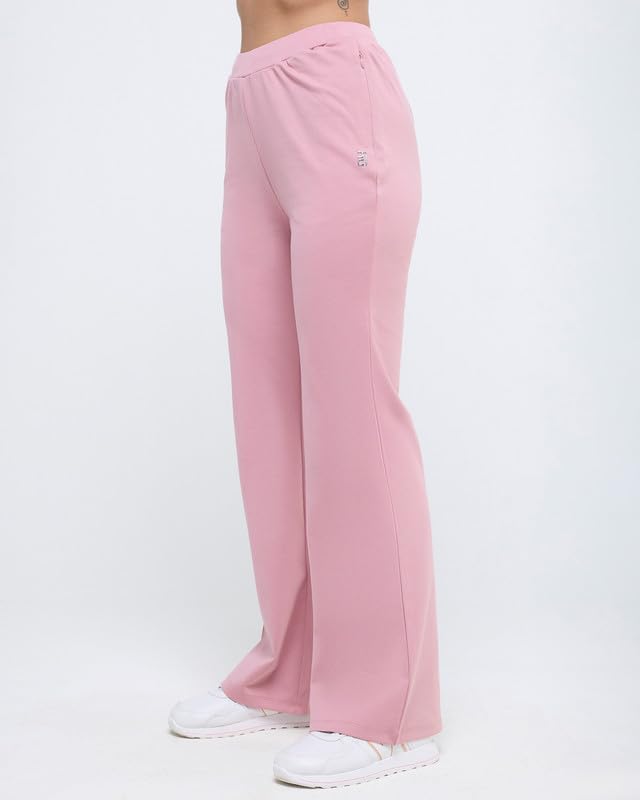 Image of HUNNIT Essential Flare Pants for Women with Zip Pockets | Mid Waist Solid Cotton Tapered Flare Pants | Bootcut Flared Trousers with Wide Elastic Waistband | Relaxed Fit Flared Trouser