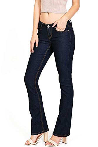 Wax Women's Juniors Body Flattering Mid Rise Bootcut Skinny Jeans (92000 BootCut DARK BLUE, 5)2
