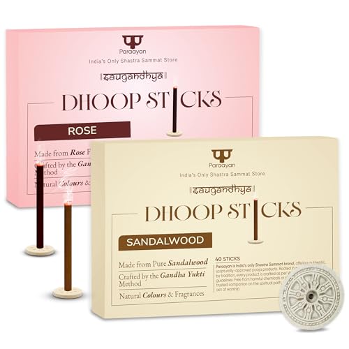 Image of Dhoop Sticks Pack of 2 (Sandalwood and Rose) I 80 Long Sticks I No Bamboo I No Charcoal I Puja Dhoop Sticks with Dharma Rath Chakra Dhoop Stand