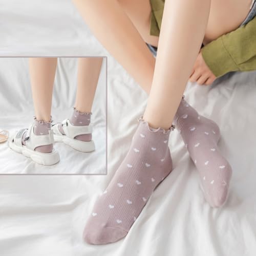 Image of Women's Cute Ruffle Socks Cotton Crew Frilly Ankle Heart Sock For Girls Valentines Gifts 5Pack /All Heart