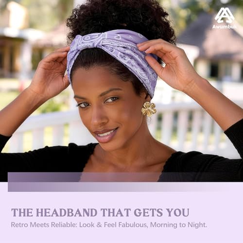 Image of Awumbuk Wide Headbands for Women Knotted No Slip Head Bands Soft Turban Headband Hair Accessories Boho African Solid Color Head Wraps for Women Yoga Workout (Purple Boho Paisleys)