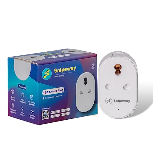Snipeway – WiFi Smart Plug 16A – Control Large Appliances, Monitor Energy Usage, and Transform Your Home – Supports ACs, Geysers, Electric Vehicles, Water pumps and many more – Smart Gadget for Home – (Type M, Works with Alexa and Google Assistant)- White