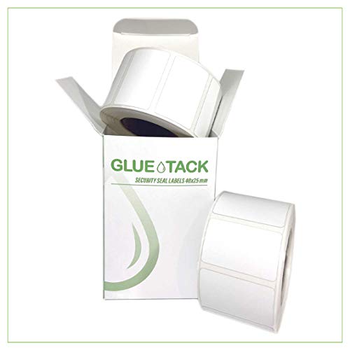 Gluetack -1000 Etiquetas Adhesivas Blancas de Seguridad (40 x 25 mm) | 1 Rollo x 1000 Pegatinas Ultradestructibles para Impresora de Transferencia Térmica con Adhesivo Extrapermanente Cover