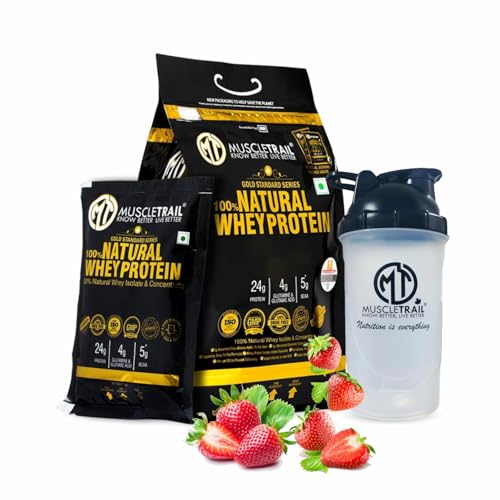 Image of MuscleTrail Gold Standard Series, 60 Pouches, Low Carb & Fat, 24G Natural Whey Protein Powder, Shaker Inside (1.86Kg, Strawberry)