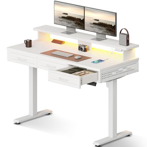 Image of OffiGo Electric Standing Desk with 3 Wooden Drawers, 48 Inch Height Adjustable Desk with Power Outlets & LED Lights, White Sit Stand Table with Monitor Stand for Home, Office, Workstation