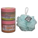 Soap Glory Body Care Bundle | The Real Zing Moisturizing Body Scrub 300ml & Call Of Fruity Exfoliating Body Scrub 300ml | With Free Beauty Body Puff(Any Colour)