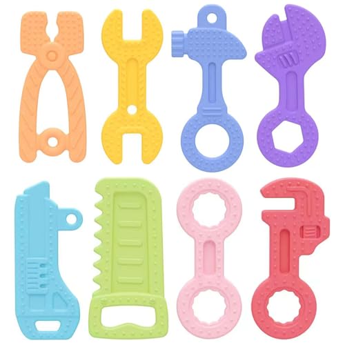 Image of Fu Store 8 Pack Soft Silicone Teething Toys for 0-12Months 6-24 Months Toddlers Infant Hammer Tools Shape Baby Teethers Relief Soothe Babies Gums Set