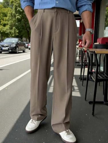 Image of KOTTY Men's Wide Leg Casual Style Korean Trousers with Relaxed Fit Tailoring Modern Structured Design for Professional Wear