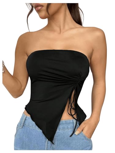 Floerns Women's Strapless Tube Top - Drawstring Ruched Asymmetrical Hem Bandeau For Y2K & Casual Outfits - View #7