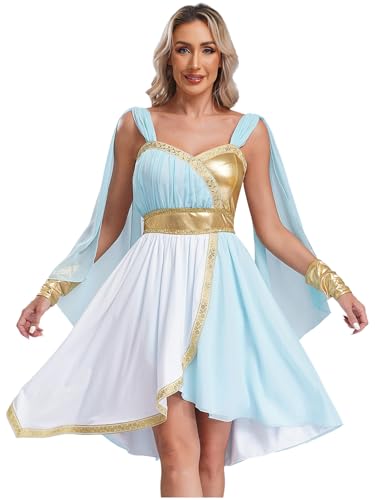 FEESHOW Damen Kostüm Athena Griechische Göttin Kleid Mit Umhang Cape Griechen Römerin Ägypten Kostüm Karneval Halloween Hellblau S
