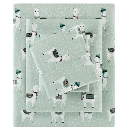 True North by Sleep Philosophy Cozy Flannel Warm 100% Cotton Sheet - Novelty Print Animals Stars Cute Ultra Soft Cold Weather Bedding Set, Twin XL, Seafoam Llama 3 Piece