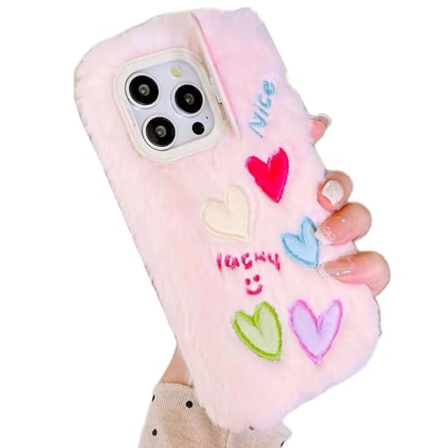 Rnrieyta Miagon - Bonita funda esponjosa para iPhone 13, diseño de soporte de cámara, funda de piel sintética de invierno suave de silicona suave a prueba de golpes, funda kawaii para mujeres y niñas