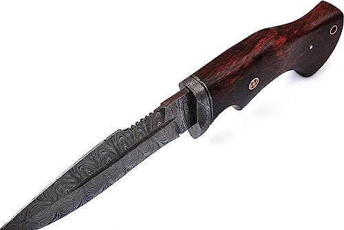 DAMASK HUT Handmade Damascus Hunting Knife | Bush craft Knife with Sheath Fixed Blade | Camping knife with Wood Handle, Brown