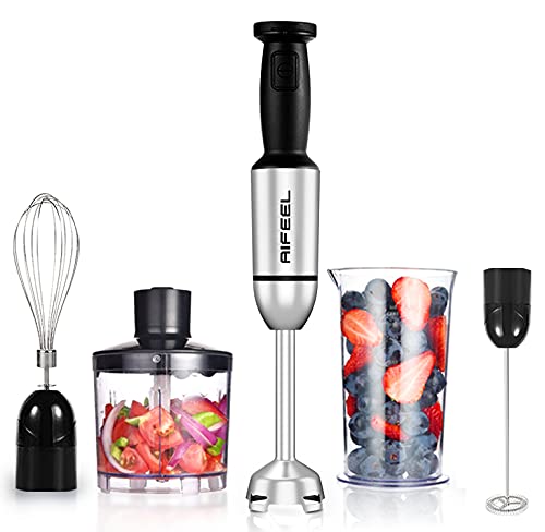 Hand Blender Set with 5 Accessories, 800W Electric Immersion Stick Blender with Stainless Steel Blending Shaft, 500ML chopper, 600ML measuring cup, Whisk and milk Frother, BPA Free