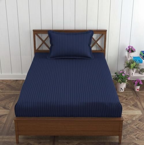 Image of Trance Home Linen Cotton 72X30 Inch Single Fitted 200TC Satin Stripe Elastic Fitted Bedsheet|Single Bed Size Daily Use Fitted Bedspread With 1 Pillow Covers (72 inchX30 inch|6X2.5 Feet,Dark Blue),Small Single