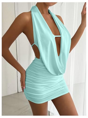 Image of SOLY HUX Women's Sexy Deep V Neck Halter Bodycon Mini Dress Sleeveless Party Club Dresses