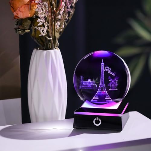 Image of 3D Crystal Ball Eiffer Tower Decor Paris Gifts for Women Men Snow Globe Ornament with LED Base Night Light, Laser Etched Eiffer Towe Statue Souvenirs France Gifts