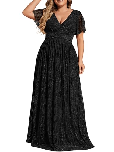 Ever-Pretty Women's A Line V Neck Glitter Short Sleeves Pleated Plus Size Formal Evening Dresses 11961-DA