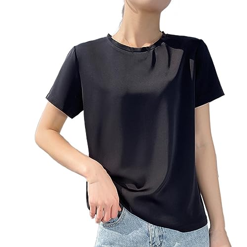 T-shirt col rond femme en coton et satin noir pour l'été