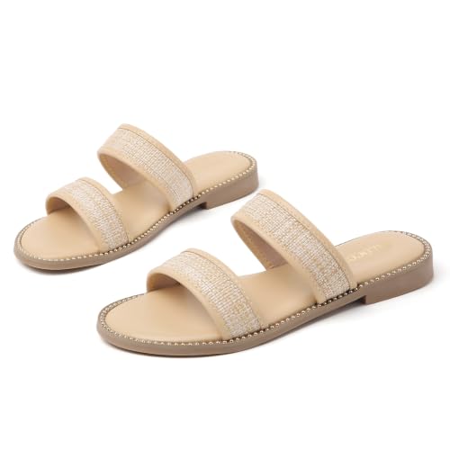 Image of Tilocow Women's Flat Sandals Two Strap Summer Dressy Studded Slide Sandals Open Toe Cute Casual Slip on Comfort Shoes for Beach Travel Daily Wear
