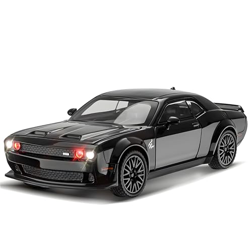 Image of Dodge Challenger SRT Hellcat 1:24 Diecast Car - Metal Model with Openable Doors, Sound & Light, Pull Back Action - Realistic Collectible Toy Car for Kids & Adults- Black