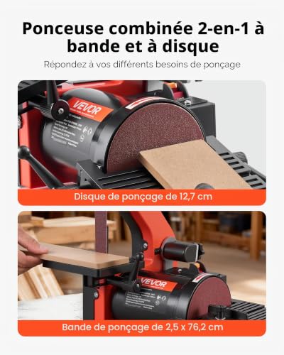 VEVOR Ponceuse à Bande et à Disque 250 W Bande Abrasive 25,4 x 762 mm Disque de Ponçage 125 mm Table de Travail Réglable 0-45° avec Port de Poussières pour Travail du Bois Rénovation Meubles Bricolage – vue 3