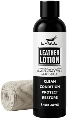 Leather Lotion – 8.5oz Leather Conditioner with Cloth for Boots, Jackets, Purses, Handbags & Bags – Lanolin & Natural Oils to Clean, Condition, Restore & Protect All Leather Colors