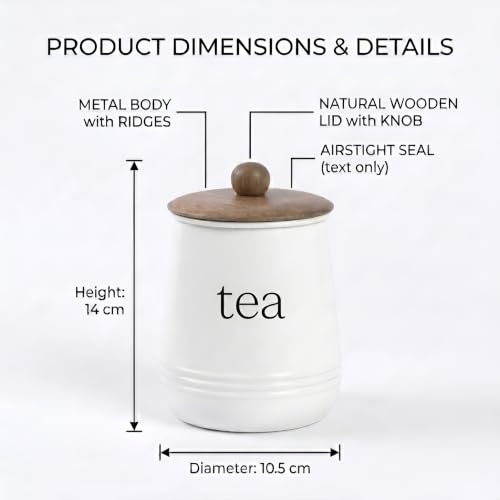 Image of Stylish Airtight Container for Kitchen, Tea Sugar Storage,White, Metal with Wooden Lid & Spoon, 1000ml, Canister for Kitchen Counter top | Food-Safe Jar Set of 2 (Tea & Sugar)