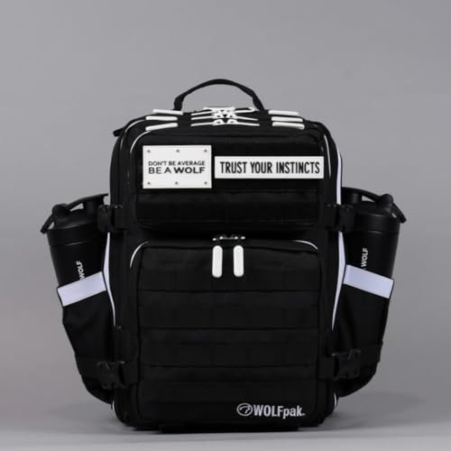 Image of WOLFpak 25L Athletic Gym Backpack (Alpha Black w /White Accents) Durable 1000D Waterproof Oxford Material with MOLLE Webbing, Laptop Pocket & Dual Cup Holders