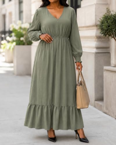 Women's Army Green Puff Long Sleeve Empire Waist Flowy Pockets Maxi Dress - image 4